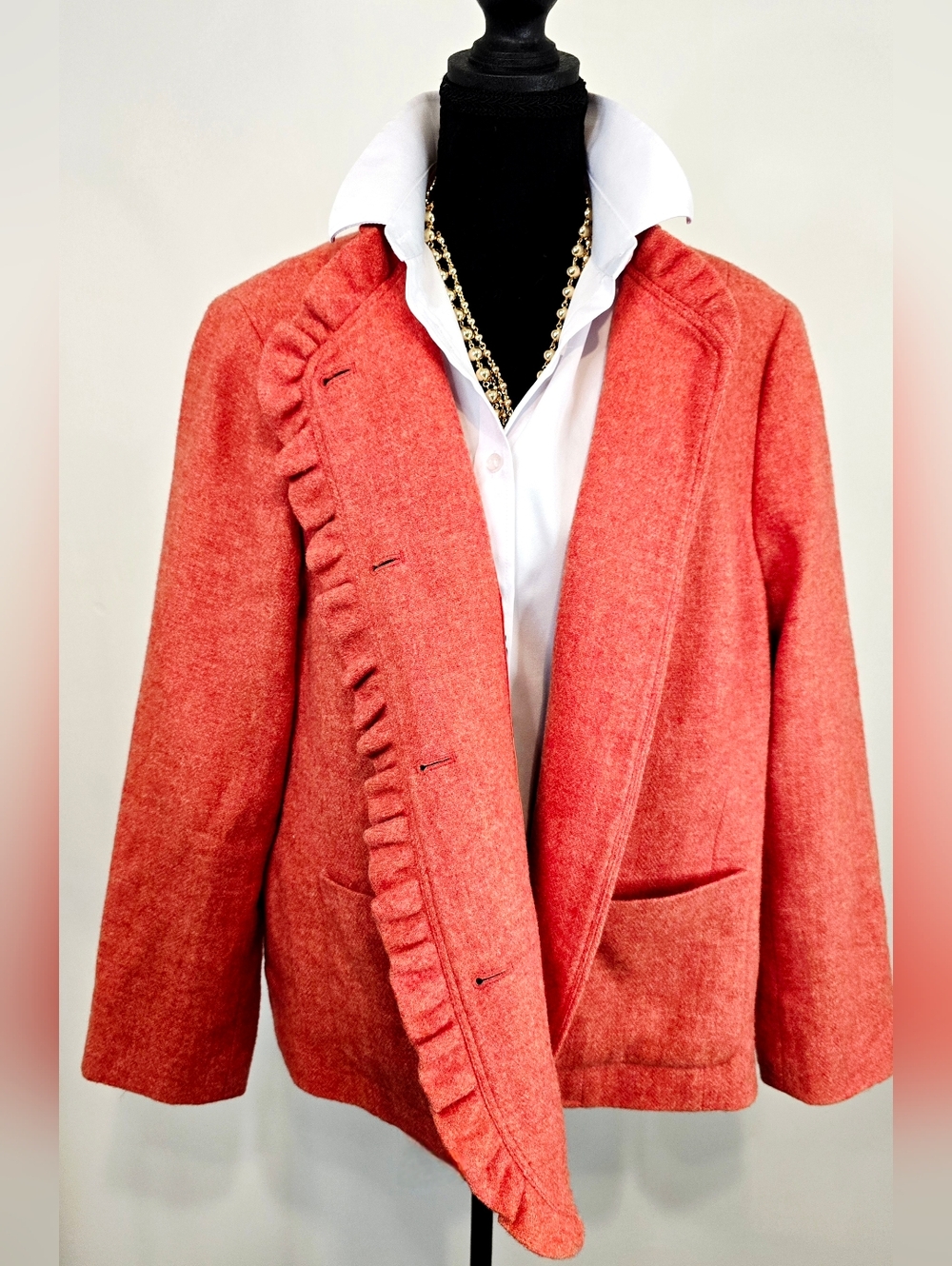 Talbots ruffle wool blend jacket coral preppy feminine old money fall